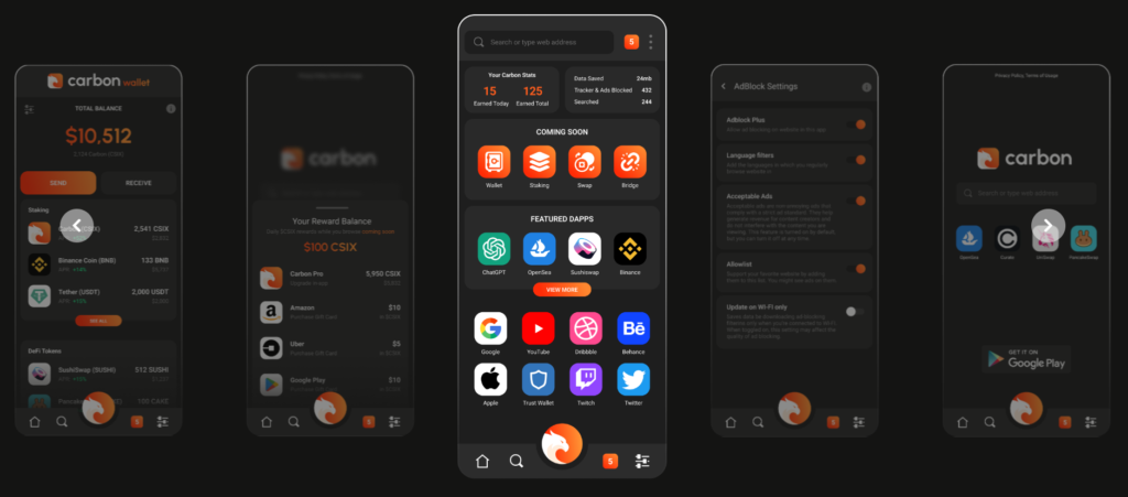 Carbon browser mobile UI showcase