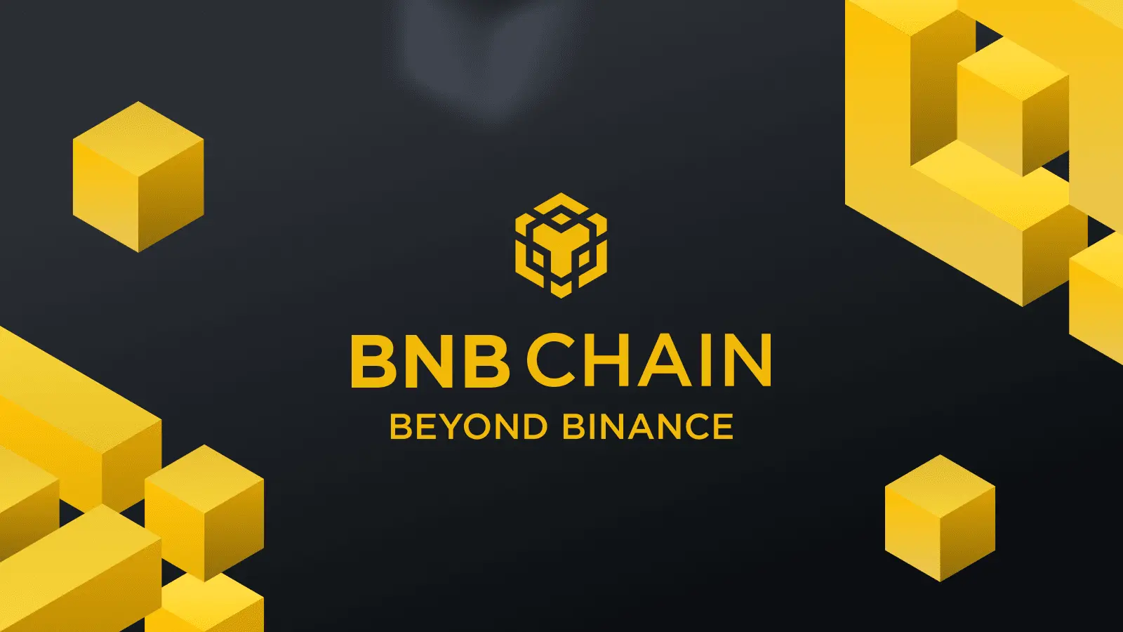 BNB Chain logo and text 'BEYOND BINANCE' on a dark background with yellow 3D cubes