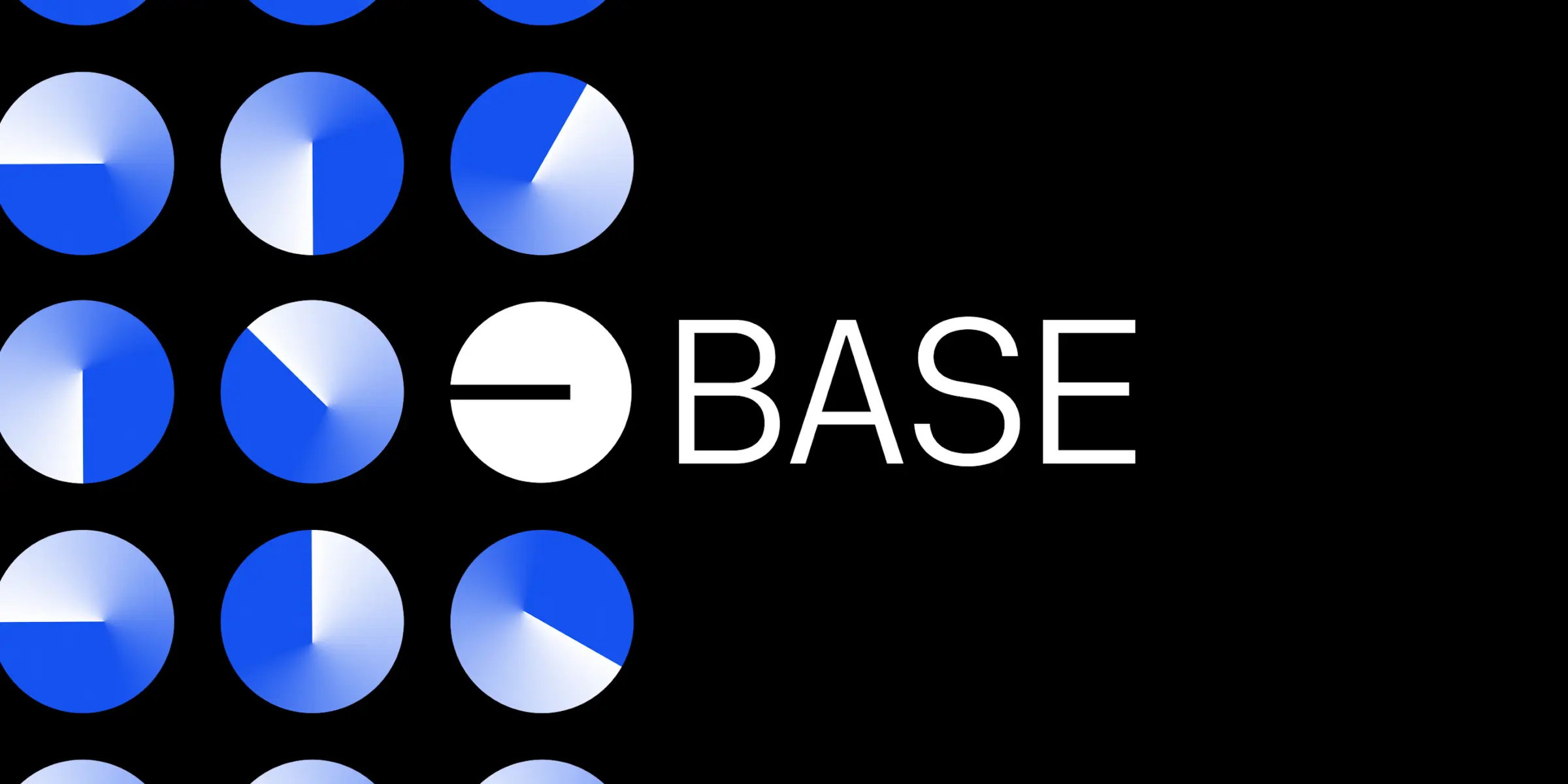 Base blockchain logo with the word BASE in white text and a grid of blue and white circular gradients on a black background.
