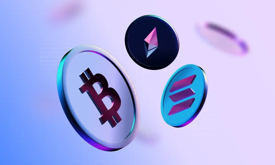 3D rendered cryptocurrency coins featuring Bitcoin, Ethereum, and Solana logos on a blue and purple gradient background