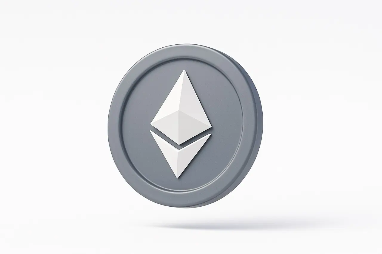 3D render of a grey Ethereum coin featuring the white diamond-shaped ETH logo on a white background