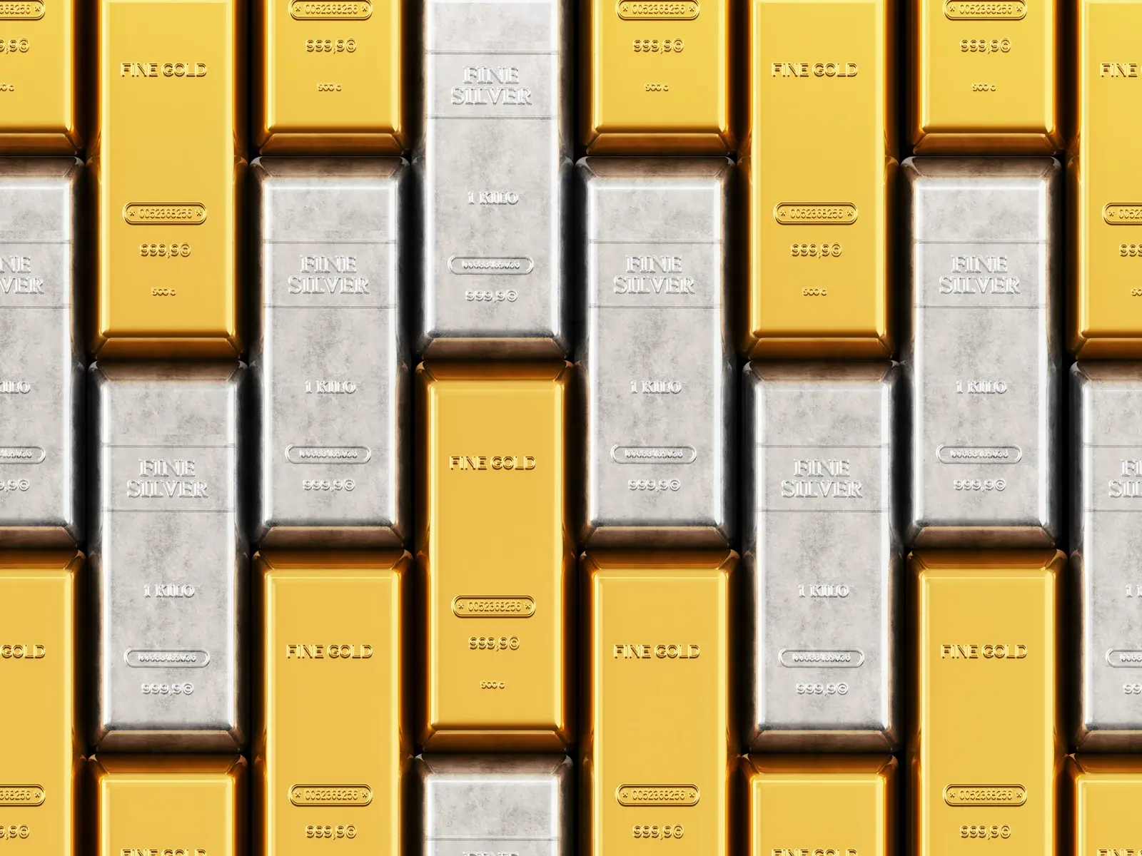 A structured wall of alternating gold and silver bullion bars stamped with weight and purity markers