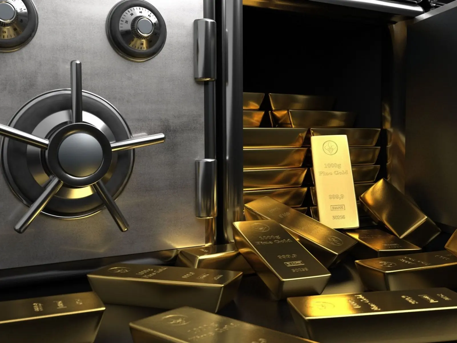 Stacks of 1000g fine gold bars spilling out of an open heavy steel bank vault