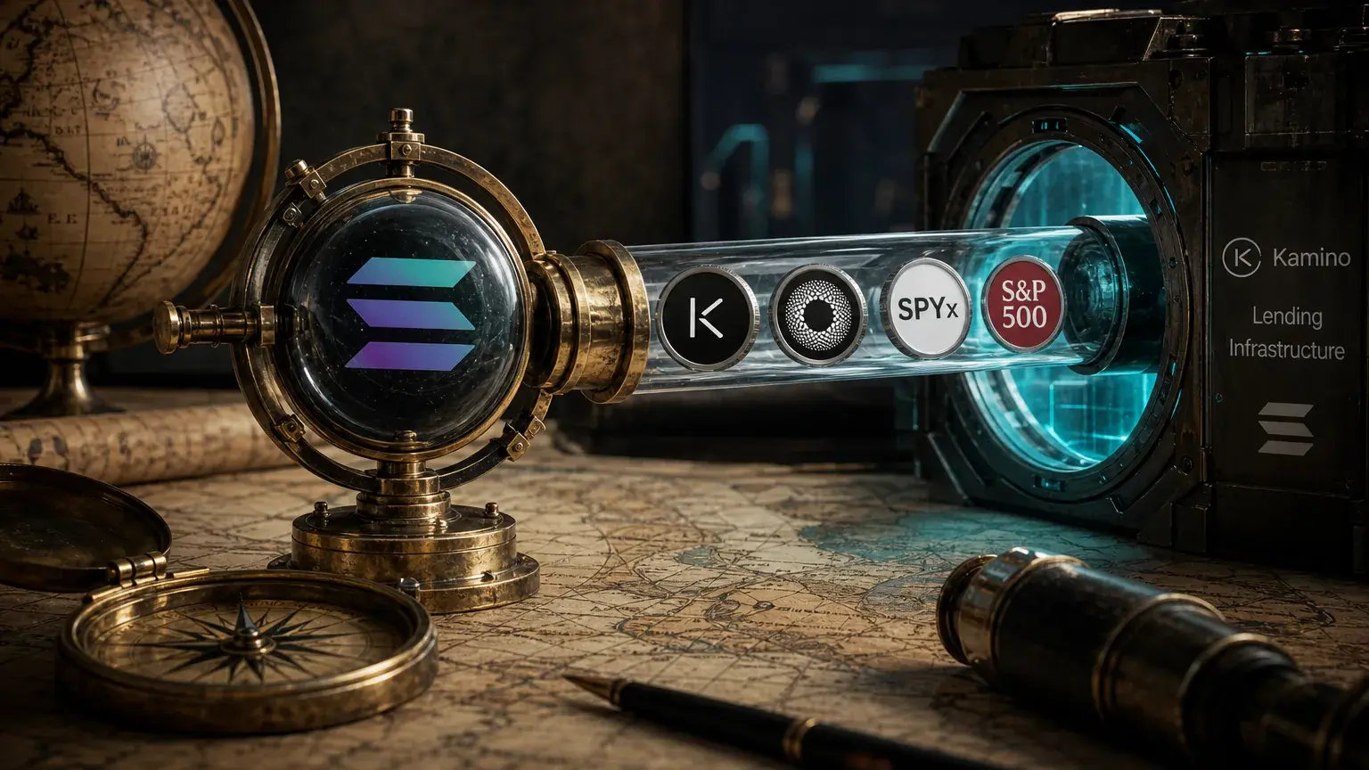 Digital art showing the Solana logo in a brass apparatus connected to Kamino, SPYx, and S&P 500 tokens.