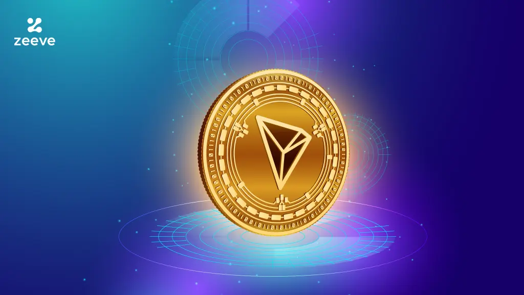 A 3D gold TRON cryptocurrency coin centered on a glowing blue and purple digital background