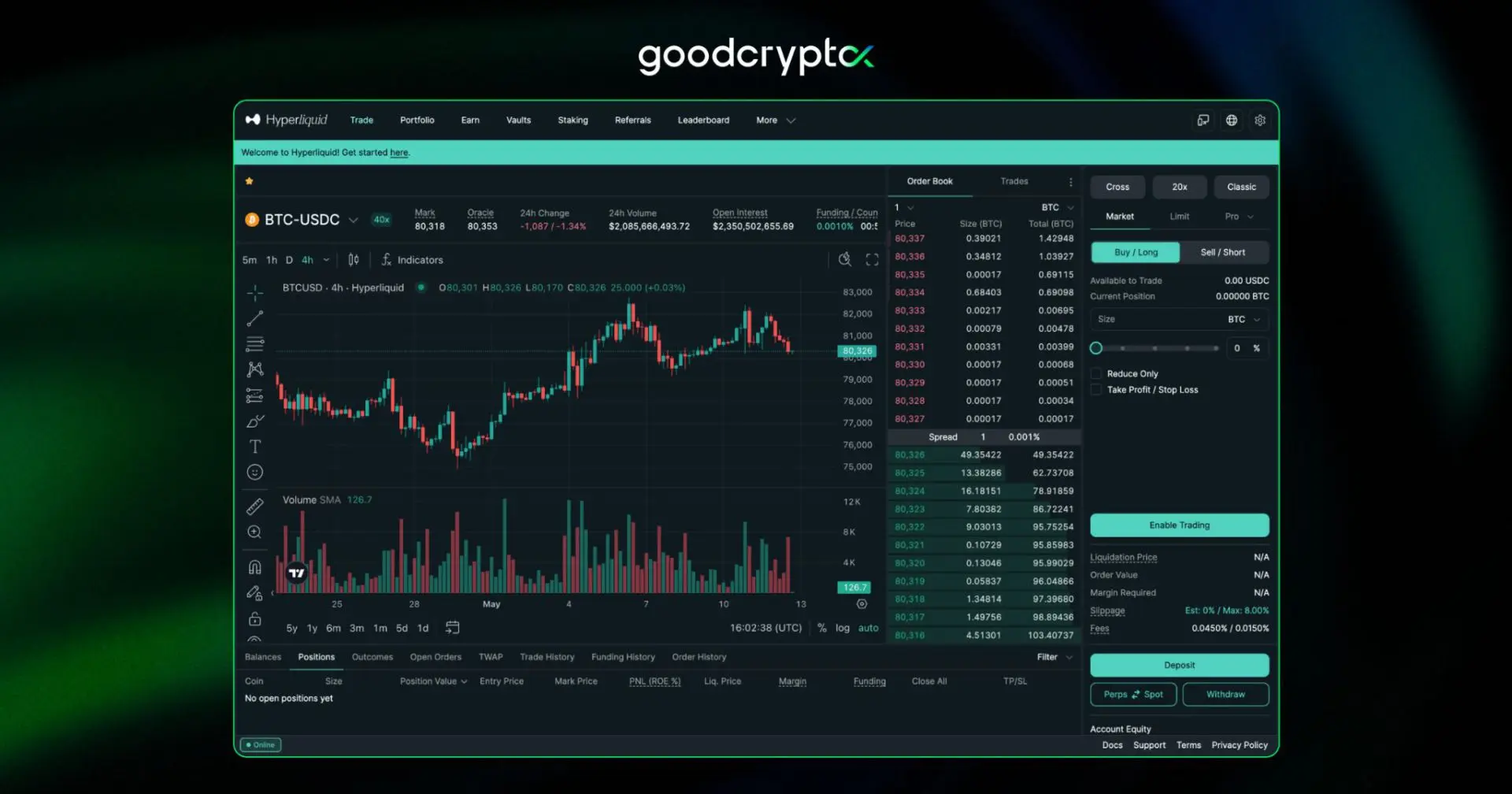Screenshot of the Hyperliquid decentralized exchange trading interface showing BTC-USDC charts and order books.