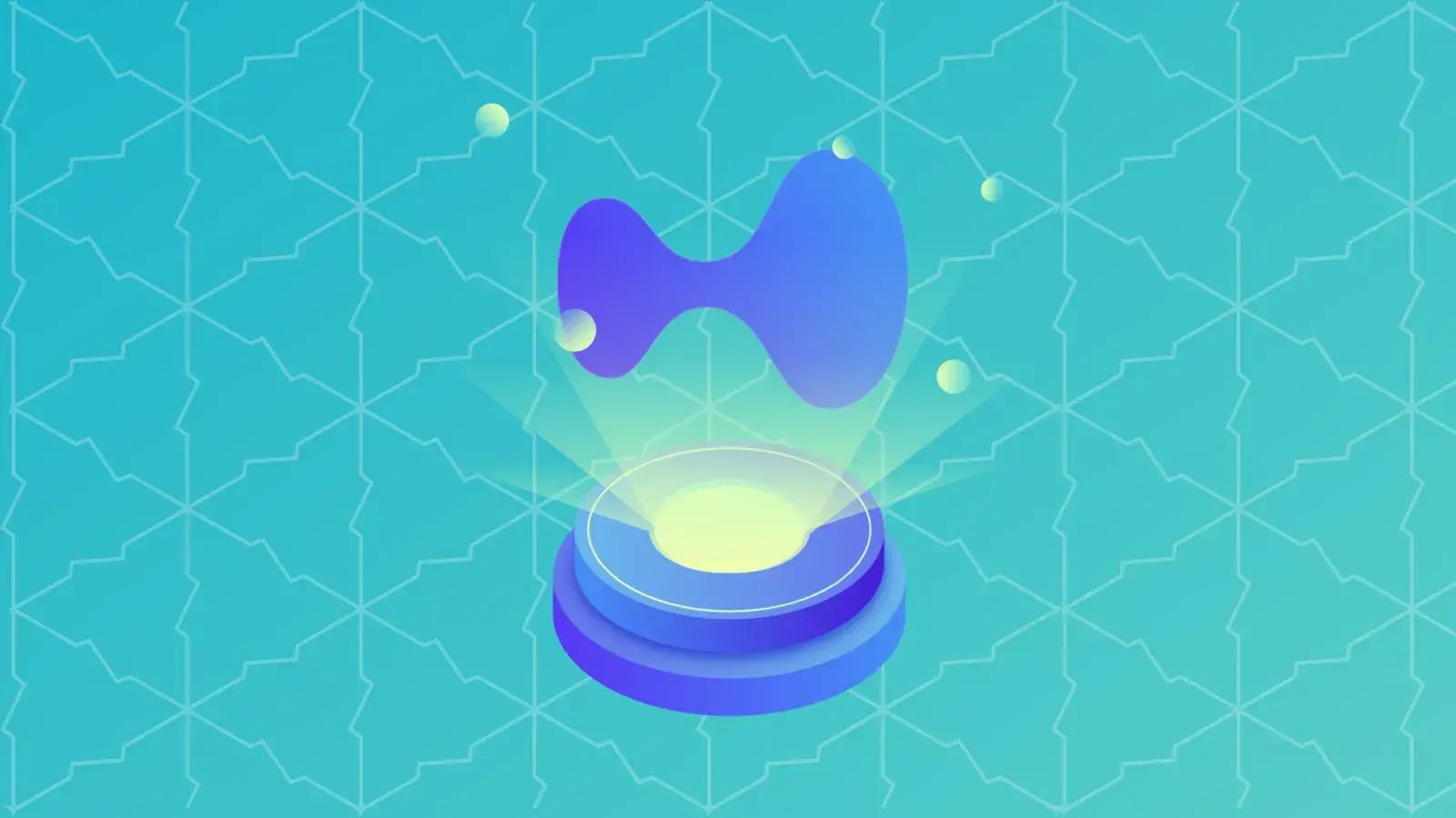 Hyperliquid logo floating above a glowing blue and yellow cylindrical pedestal on a turquoise geometric background