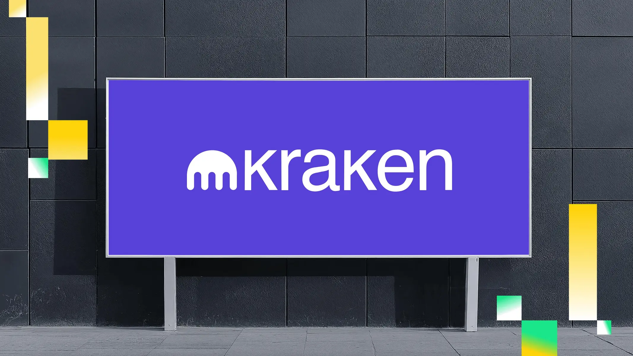 A large purple billboard featuring the white Kraken cryptocurrency exchange logo on a dark grey textured wall