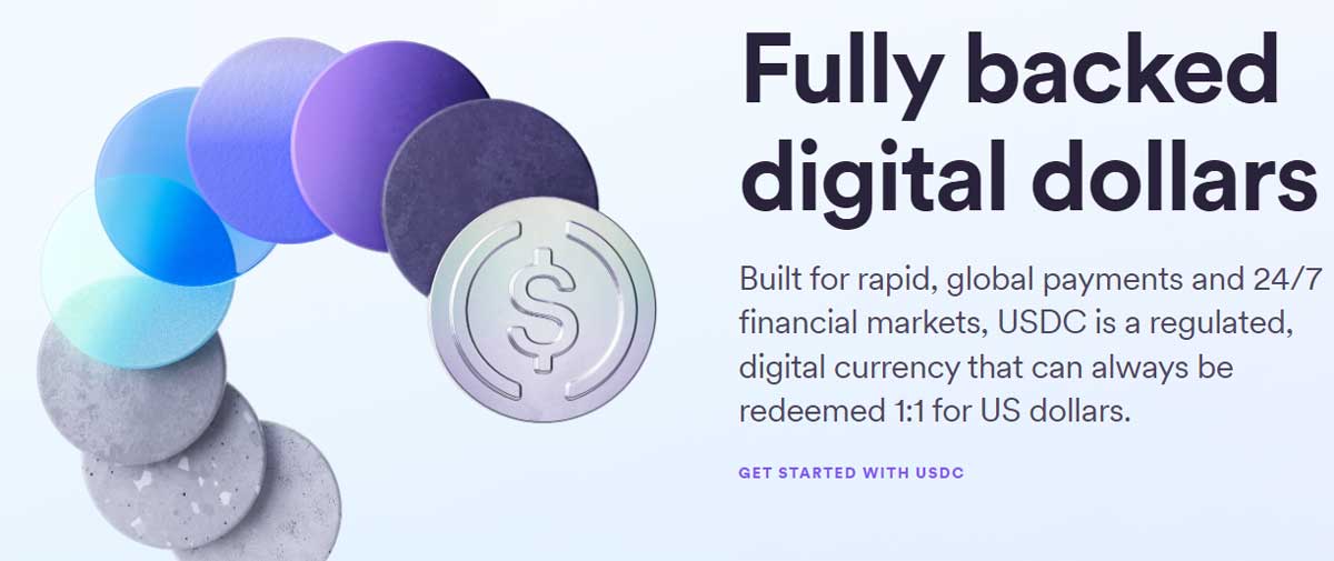 عملة USDC معدنية وبجانبها نص تعريفي للعملة