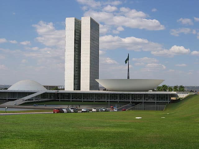 The exterior of the Brazilian Congress and Chamber of Deputies in Bras&iacute;lia, Brazil.
