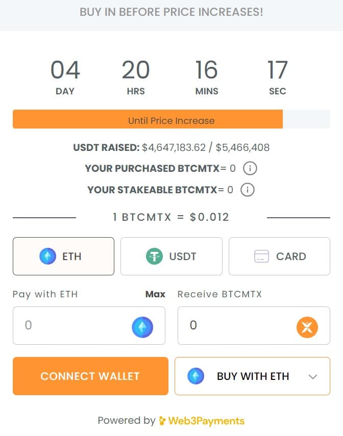 صورةٌ ترويجيةٌ للعدّ التنازليّ لارتفاع سعر عملة BTCMTX