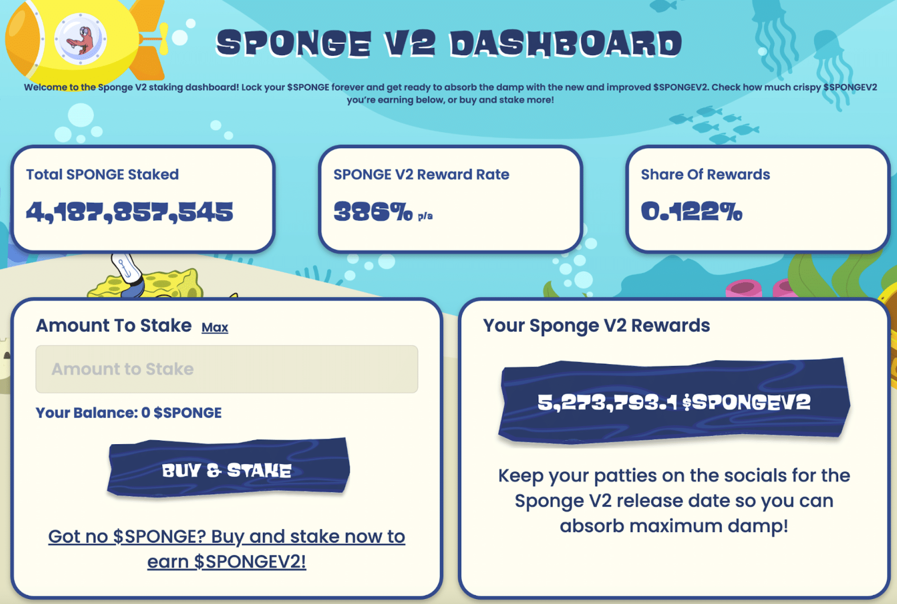 لوحة بيانات عملة Sponge V2 على موقع المشروع تحوي بيانات العملات المرهونة ومكافآتها على خلفيةٍ زرقاء