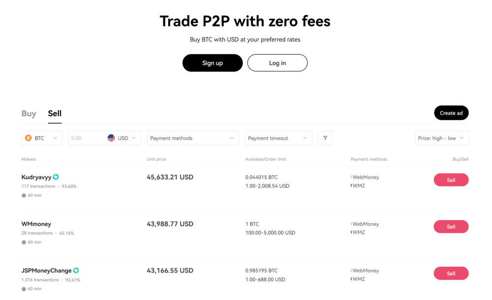 Sell Bitcoin P2P at OKX