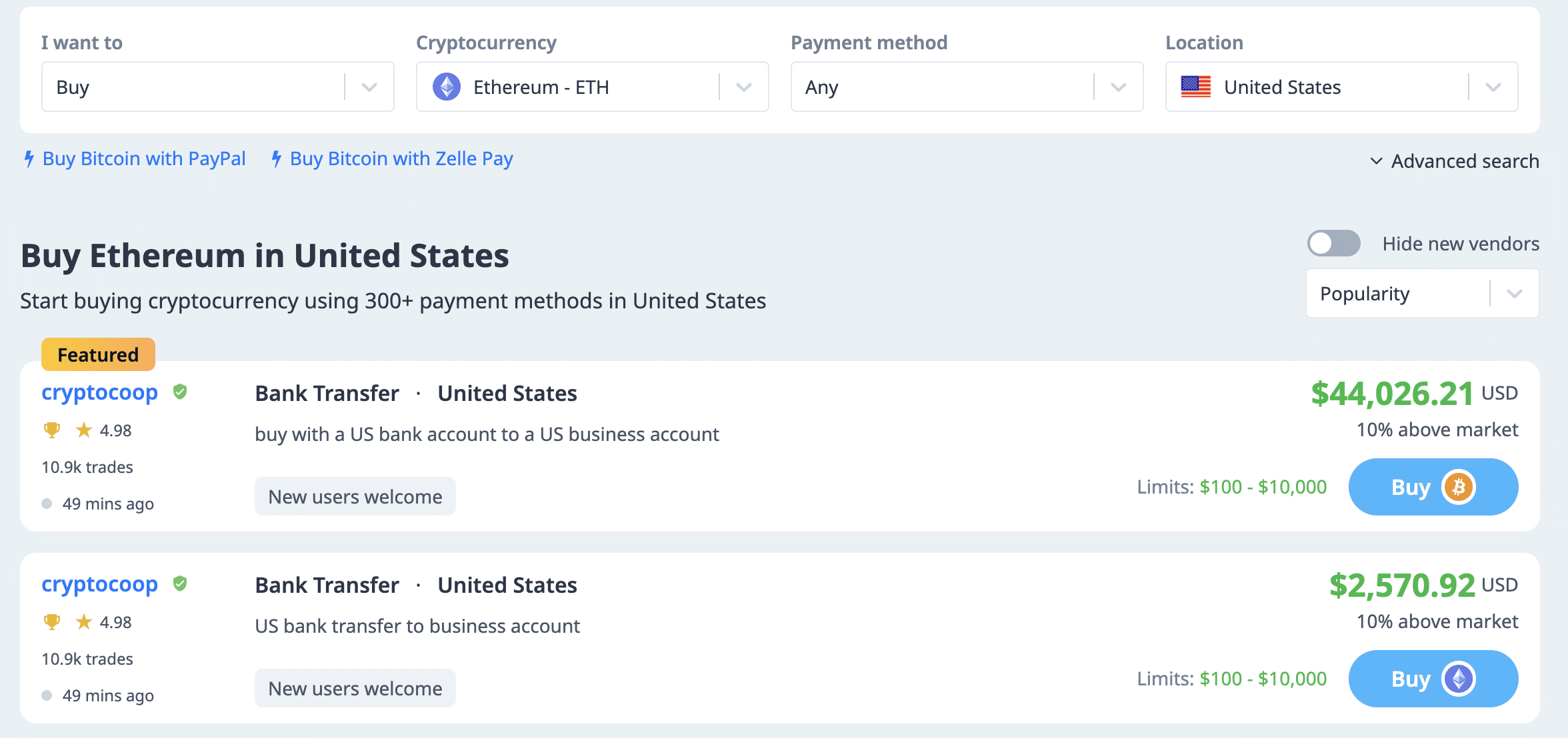 Buy Ethereum on a P2P exchange 