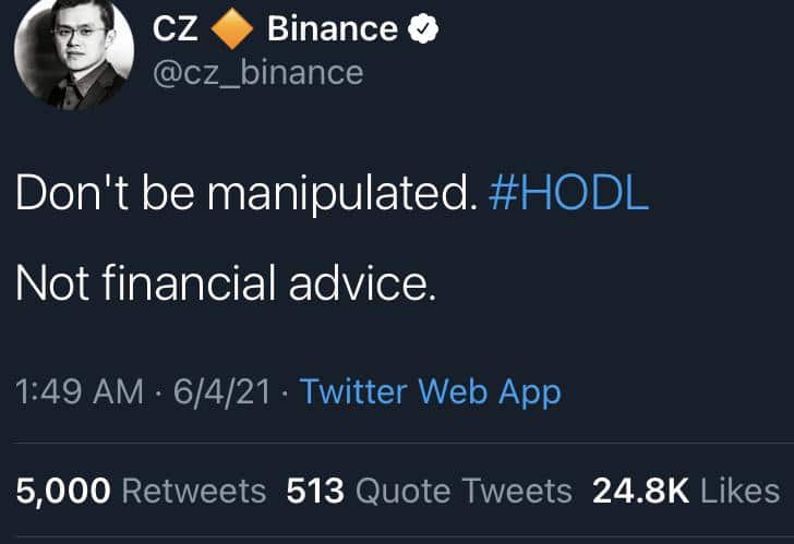 Binance CZ tweeing about Hodling