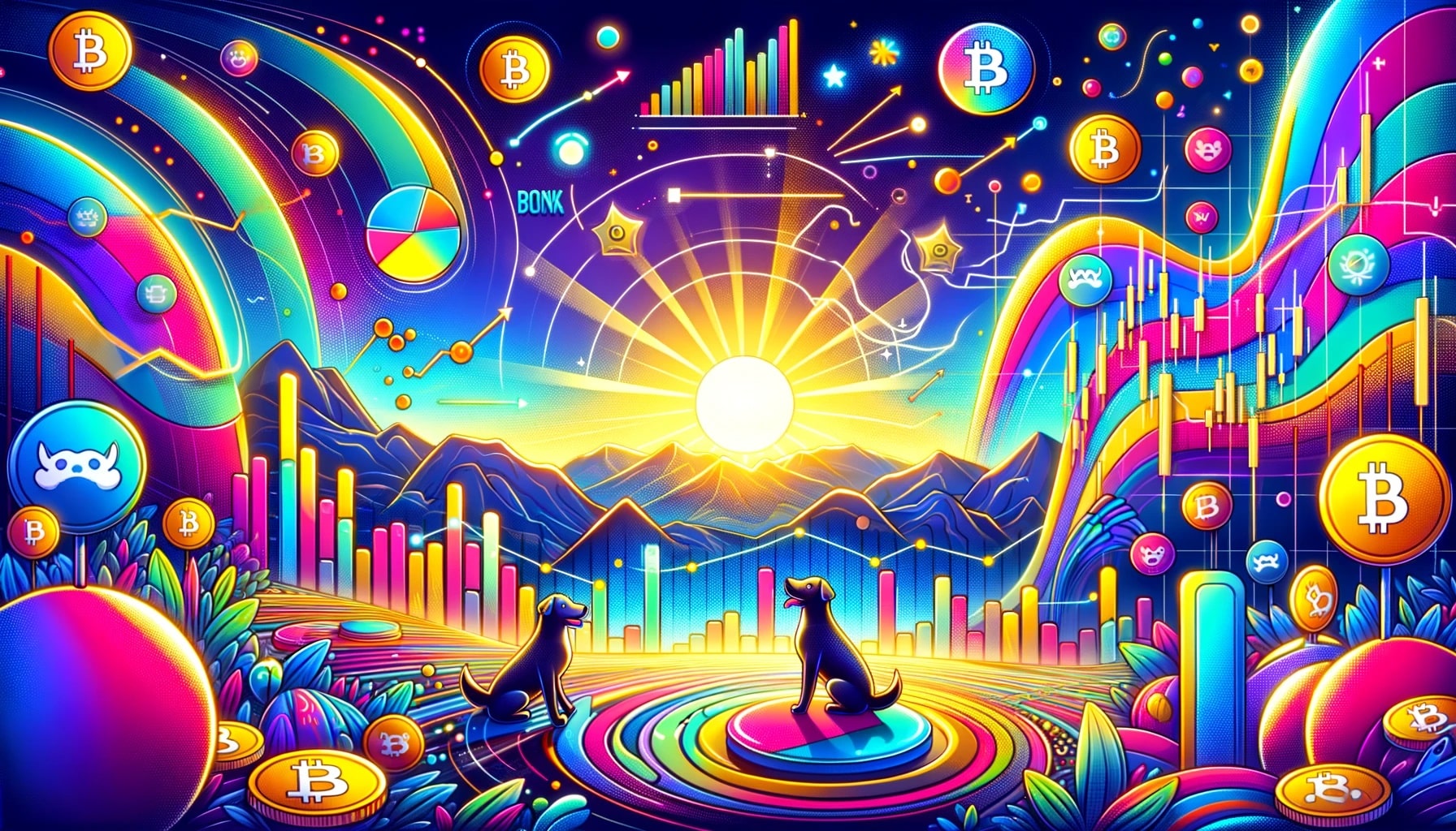 كلبان يتوسّطان رموز عملاتٍ رقميةٍ وشموعاً ومؤشرات تداولٍ بألوانٍ زاهيةٍ وفي الأفق جبالٌ وشمسٌ مشرقة