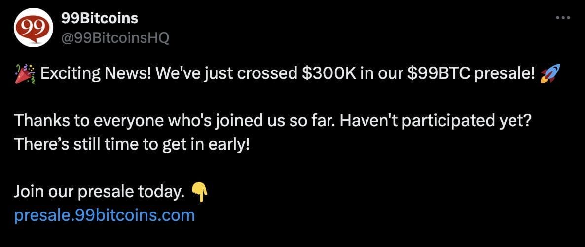 لقطة شاشة لتغريدة حساب 99Bitcoins يعلن فيها انطلاق اكتتاب عملة 99BTC
