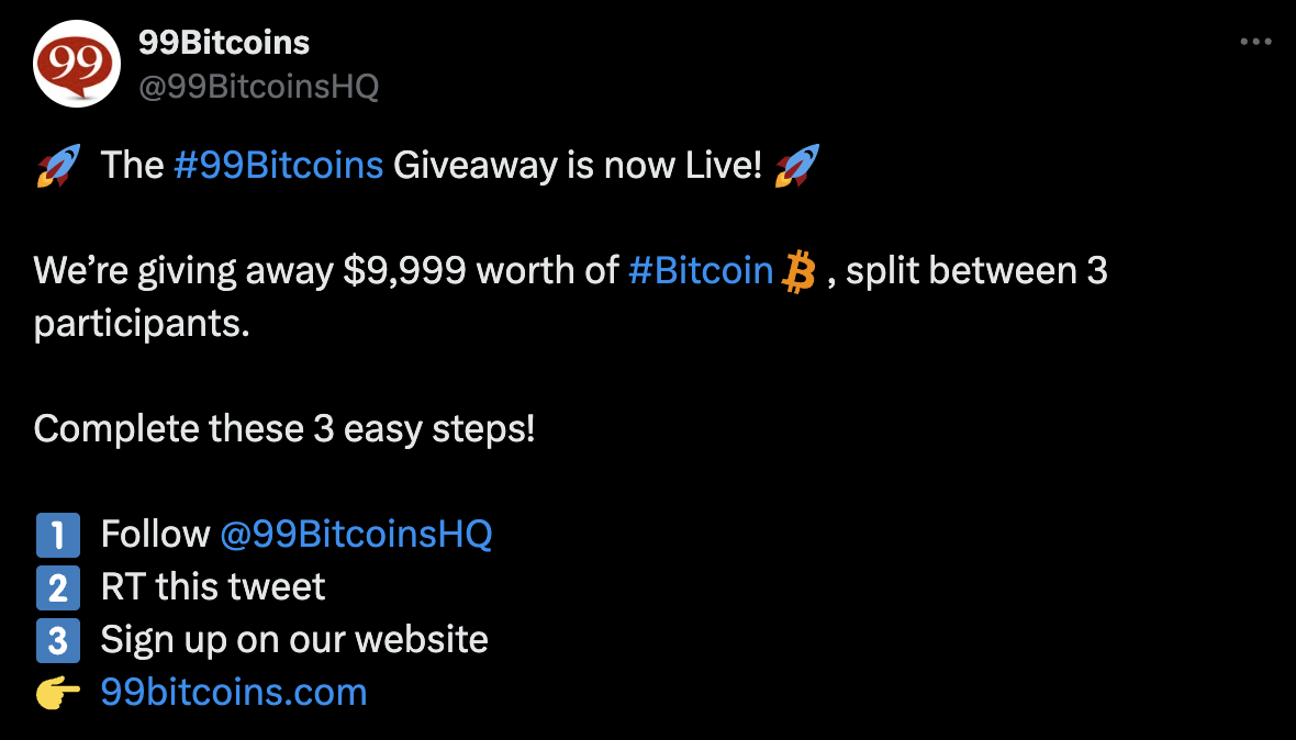 لقطة شاشة لتغريدة حساب 99Bitcoins التي أعلن فيها عن مكافأة 3 مشتركين
