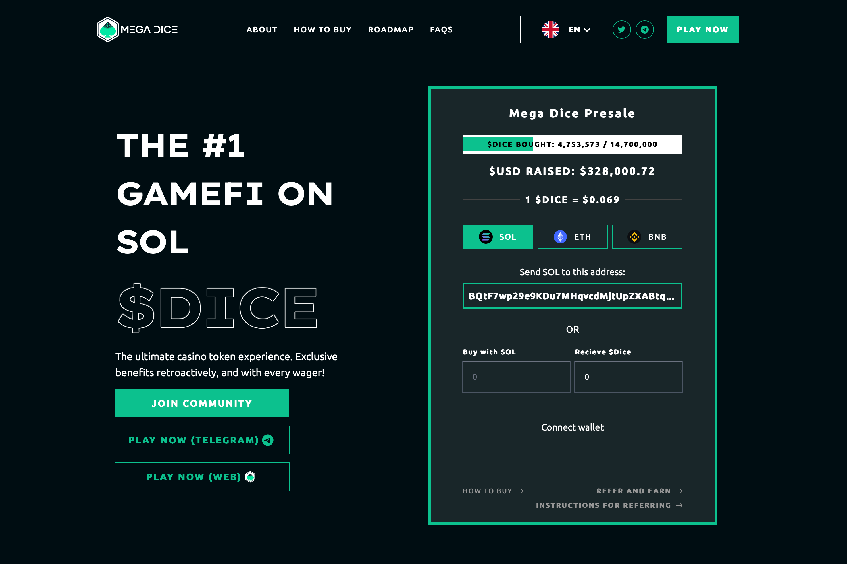 Solana GameFi token Mega Dice presale ticker.
