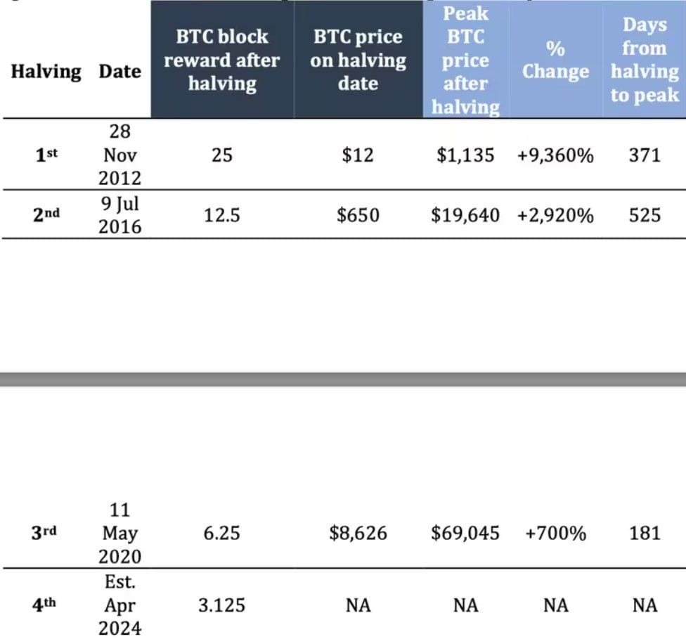 Image showing data from past Bitcoin halving cycles.