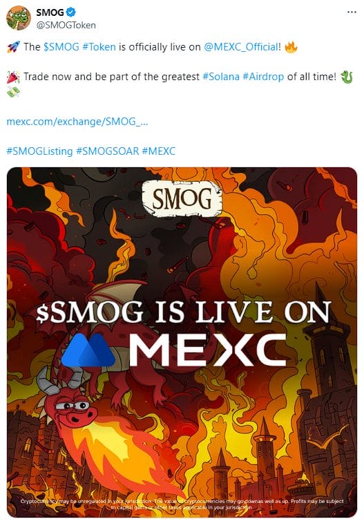 لقطة شاشة للإعلان عن إدراج Smog في منصة MEXC