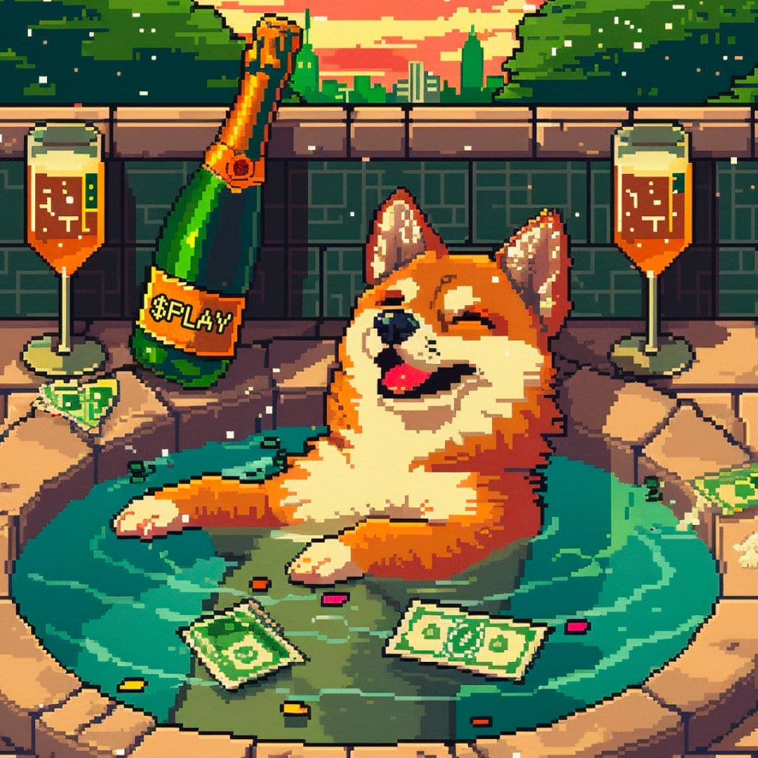 كلب من فصيلة شيبا إينو يبدو سعيداً في مسبحه الصغير وحوله أكواب عصائر وعملات نقدية