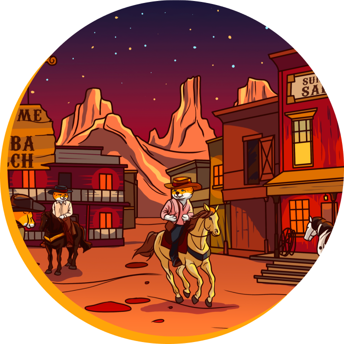 شخصيات شيبا إينو بسمات الغرب الأمريكي الجامح تركب أحصنة في مدينة Shiba Gulch