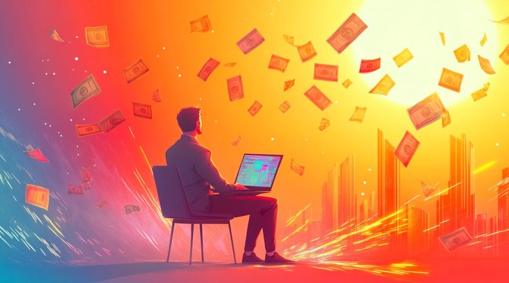 شاب أمام حاسوب محمول ينظر لشمس ساطعة وتتطاير حوله عملات ورقية