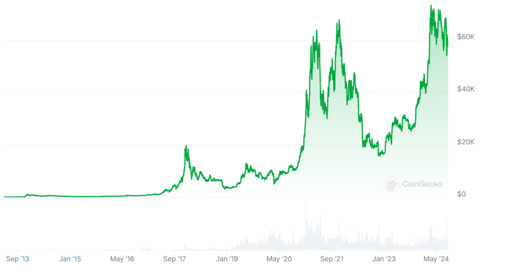 مخطط سعر بيتكوين منذ عام 2013، المصدر: CoinGecko