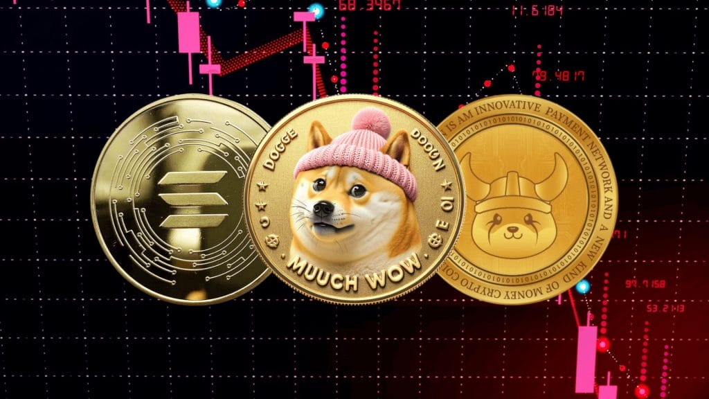 ثلاث عملات ذهبية تحمل شعار سولانا وDogwifhat وفلوكي على خلفية مخطط بياني للأسعار