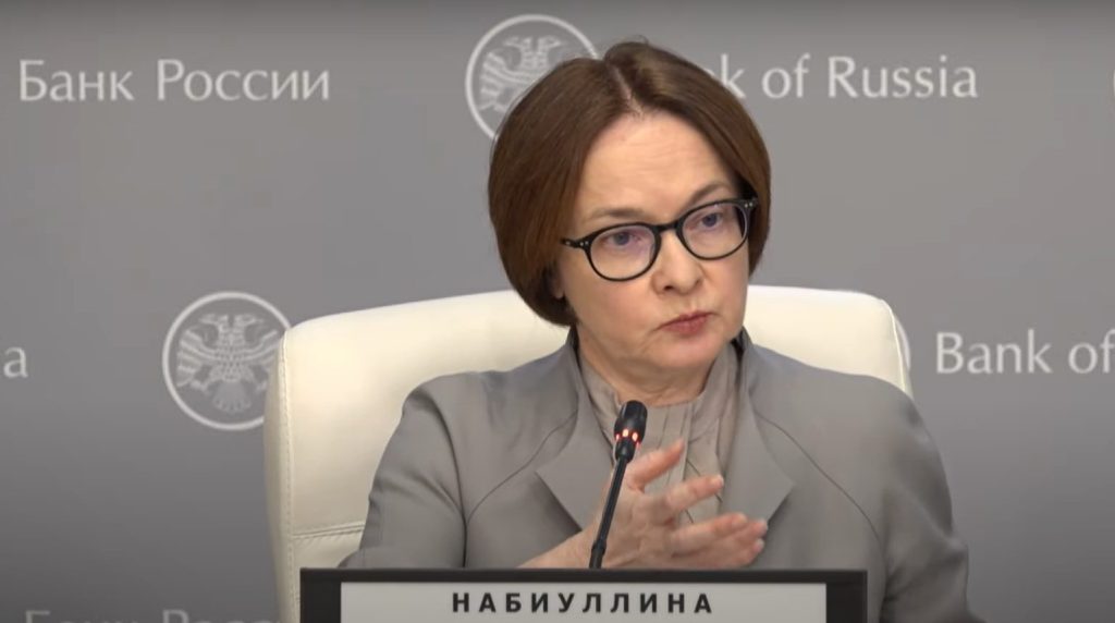 The Russian Central Bank Governor Elvira Nabiullina speaking to journalists on March 21, 2025.