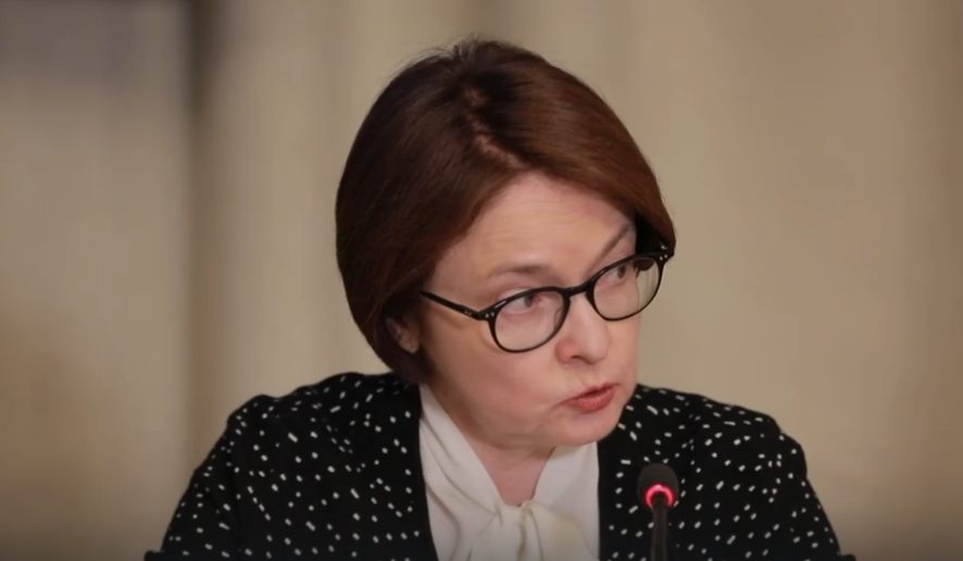 Russian Central Bank Governor Elvira Nabiullina addressing lawmakers in April 2025.