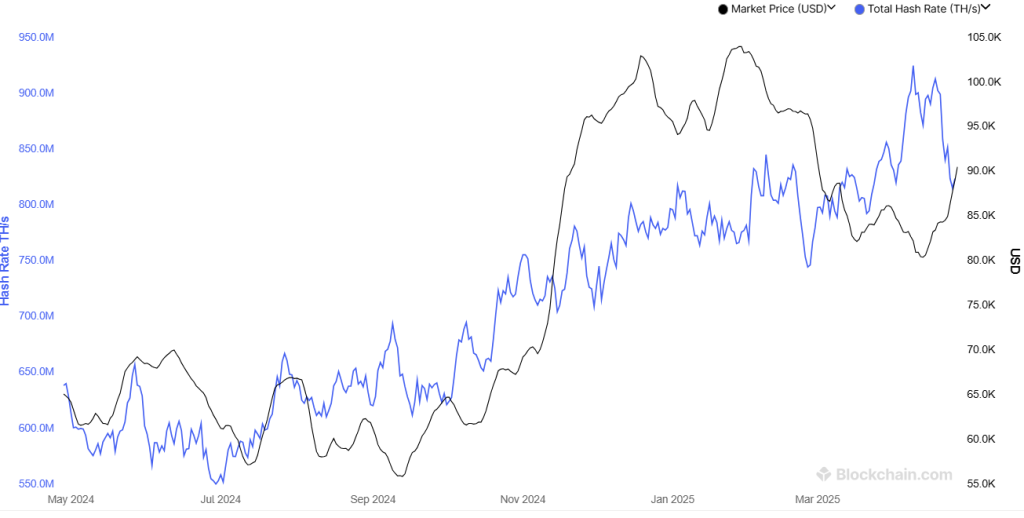 A graph showing the Bitcoin hashrate over the past year.
