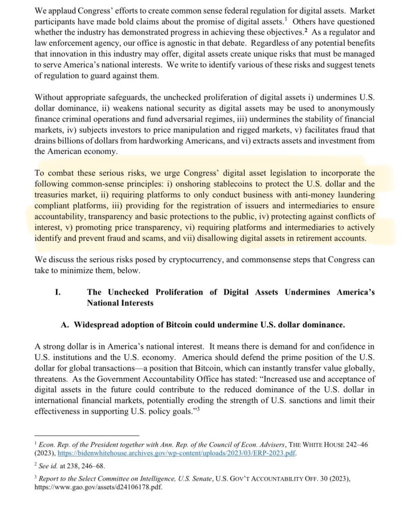 نص مقتطف من رسالة رسمية موجهة إلى الكونغرس الأمريكي من مكتب المدعية العامة لولاية نيويورك تحذر من مخاطر الأصول الرقمية على الأمن القومي وهيمنة الدولار