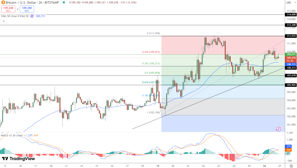 مخطط بياني يظهر استقرار سعر زوج BTC/USD دون حاجز امتداد فيبوناتشي 0.236