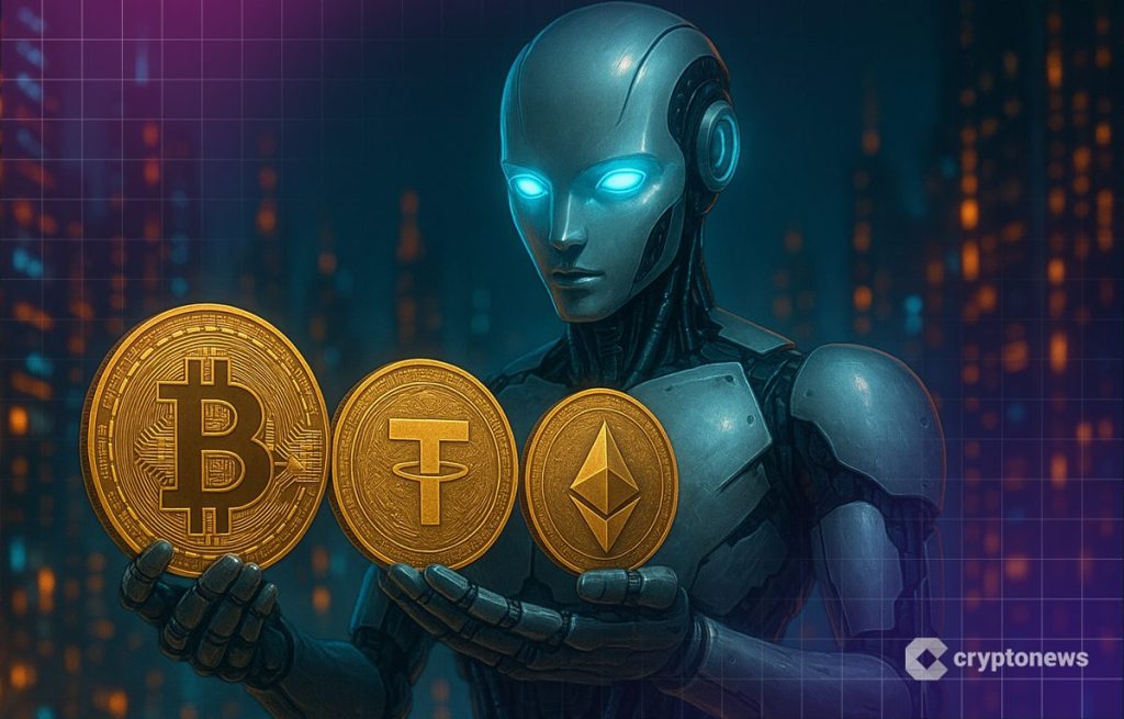 kuvassa robotti pitelee kryptovaluuttoja kädessään.