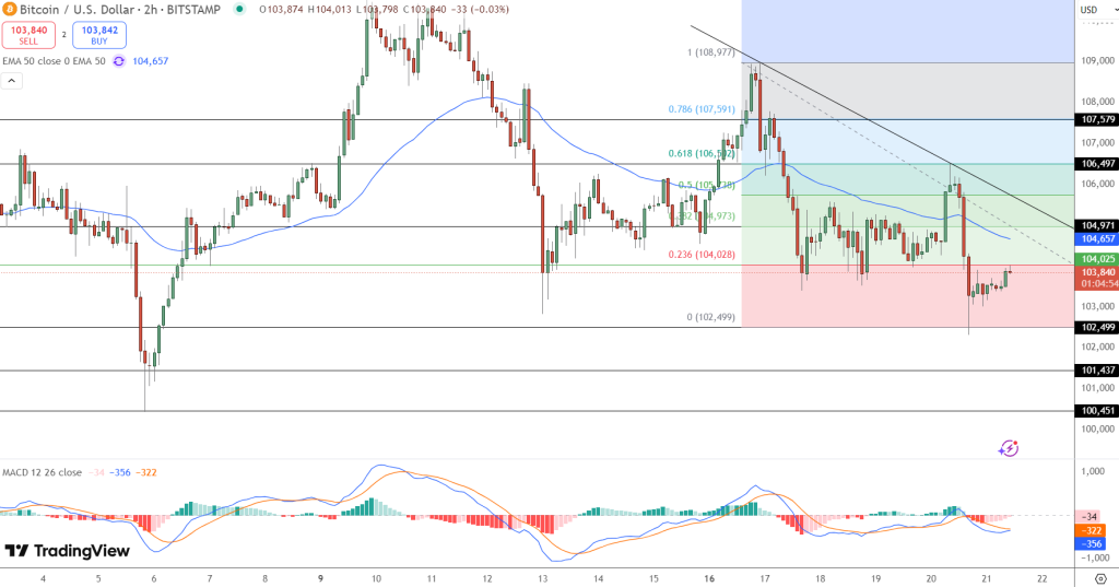 مخطط بياني بمدى الساعتين لتحركات  سعر عملة BTC