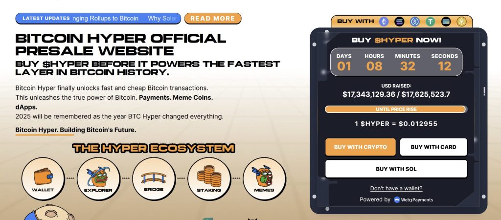 واجهة اكتتاب عملة بيتكوين هايبر (Bitcoin Hyper) مع أبرز البيانات المتعلقة به ولمحة عن المشروع