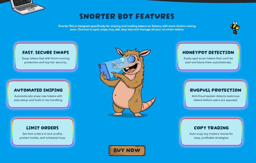 صفحة مزايا روبوت التداول الخاص بعملة سنورتر على موقعها الرسمي