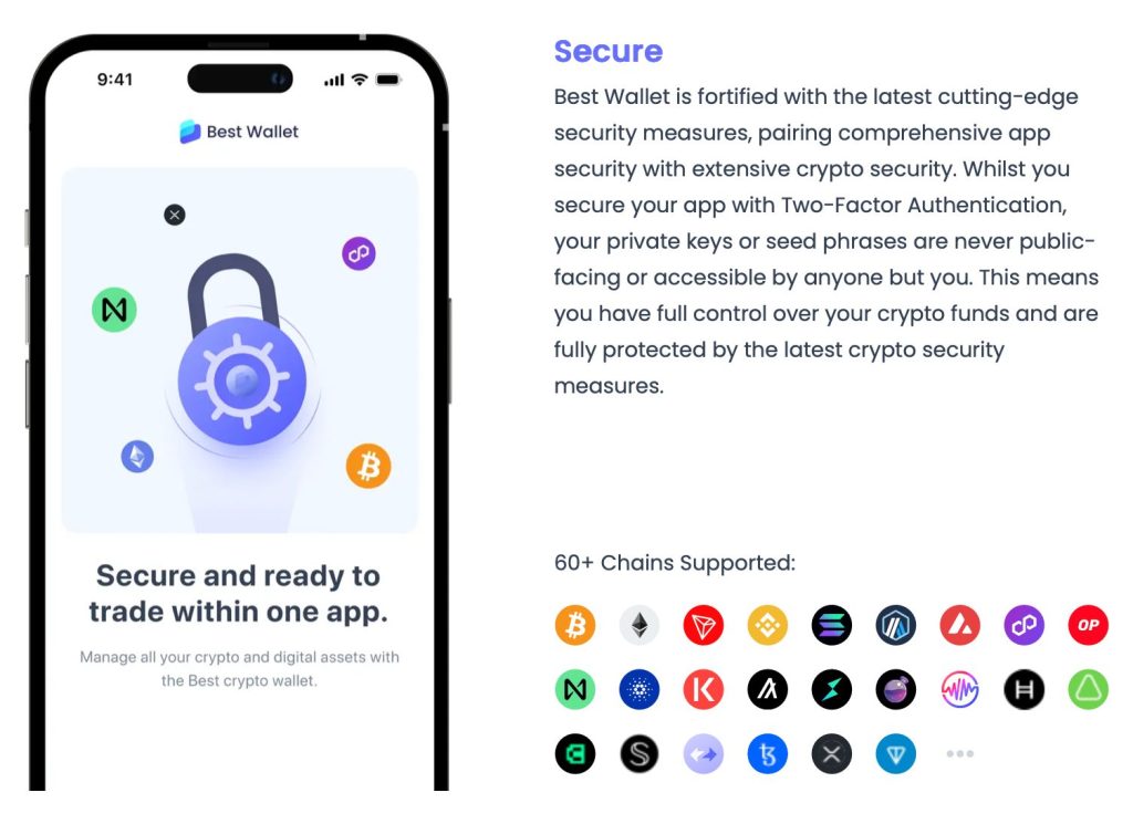 شاشة هاتف ذكي تستعرض مزايا محفظة بيست واليت (Best Wallet) الأمنية المتطورة
