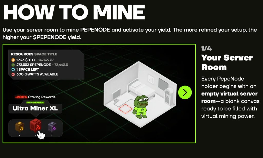 رسم توضيحي لكيفية التعدين باستخدام لعبة عملة بيبي نود (PepeNode)