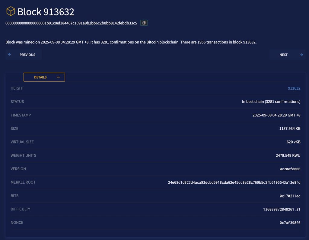 بيانات كتلة المعاملات رقم 913632 على بلوكتشين بيتكوين