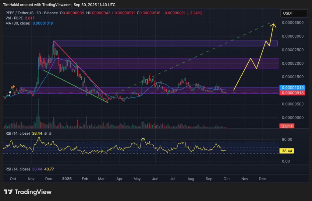 مخطط بياني لتحركات سعر زوج Pepe/USDT ووجهته المحتملة
