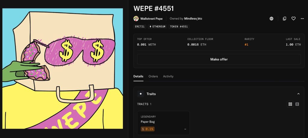 الرمز غير القابل للاستبدال WEPE #4551 من مجموعة Wall Street Pepe مع تفاصيل البيع والسعر على المنصة