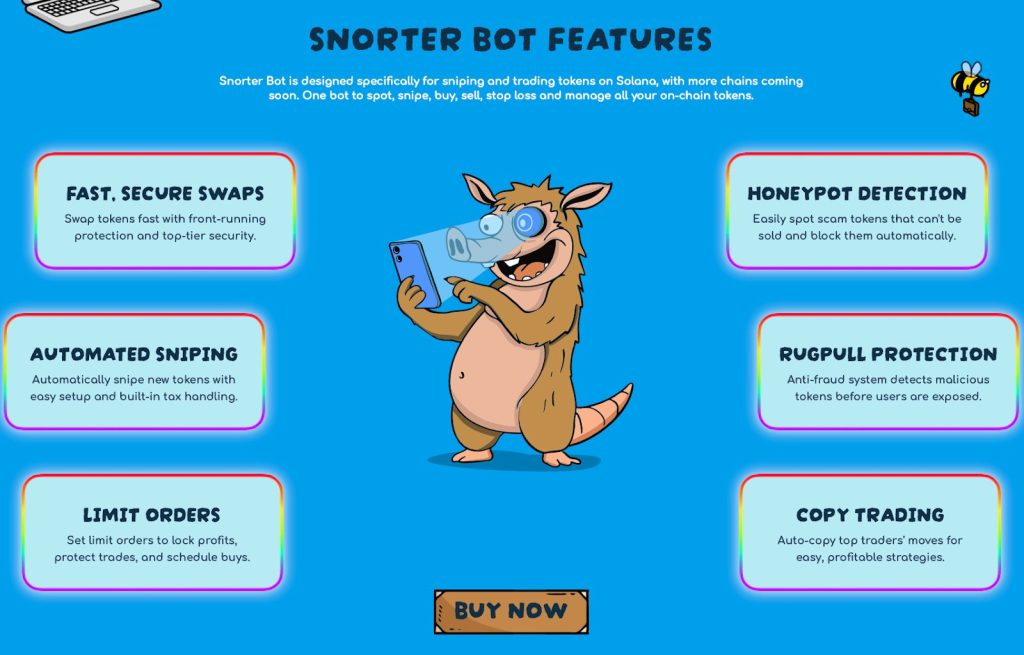 آكل نمل عملة سنورتر (Snorter) بيده هاتف محمول ومن حوله مربعات تشرح مزايا روبوت المشروع