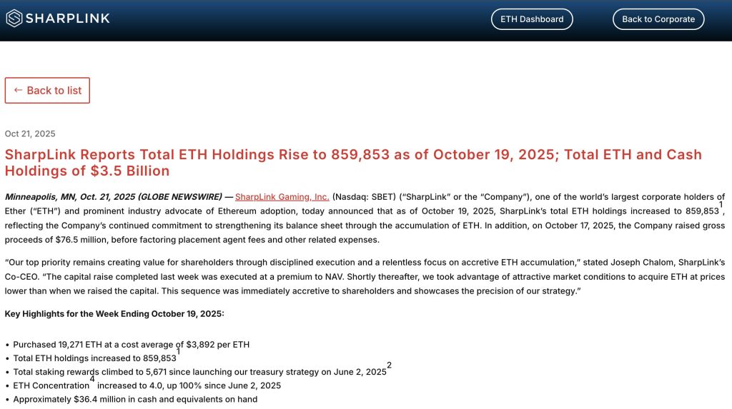 بيان صحفي من شركة SharpLink بخصوص ممتلكاتها من عملة إيثيريوم
