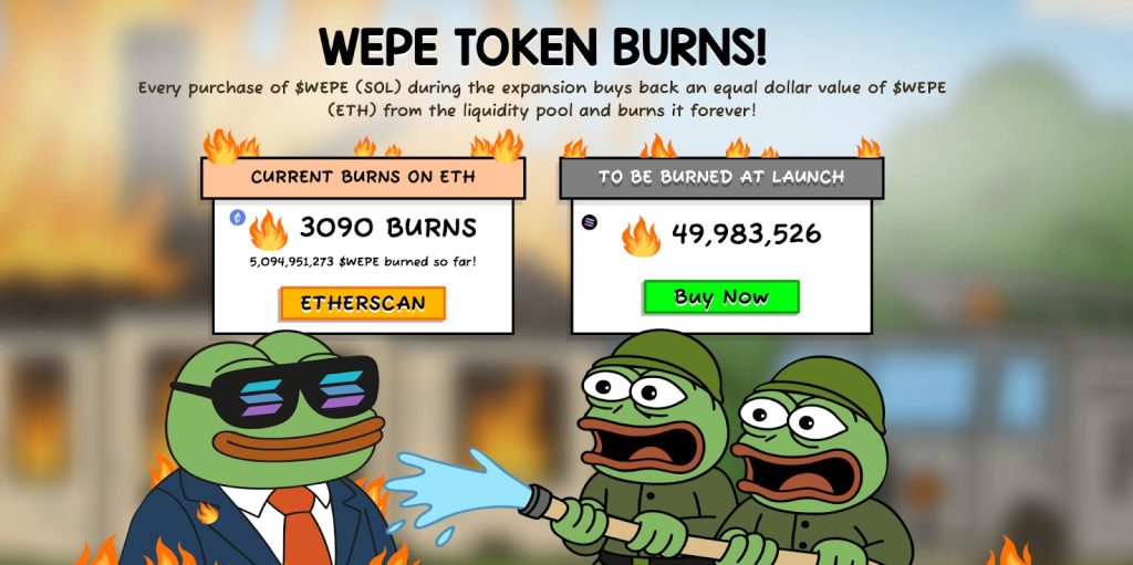 بيانات عمليات حرق عملة وول ستريت بيبي (Wall Street Pepe) وأسفلها ضفدعان يمسكان بخرطوم مياه يطلقانه على آخر يرتدي نظارة عليها شعار عملة سولانا (Solana)