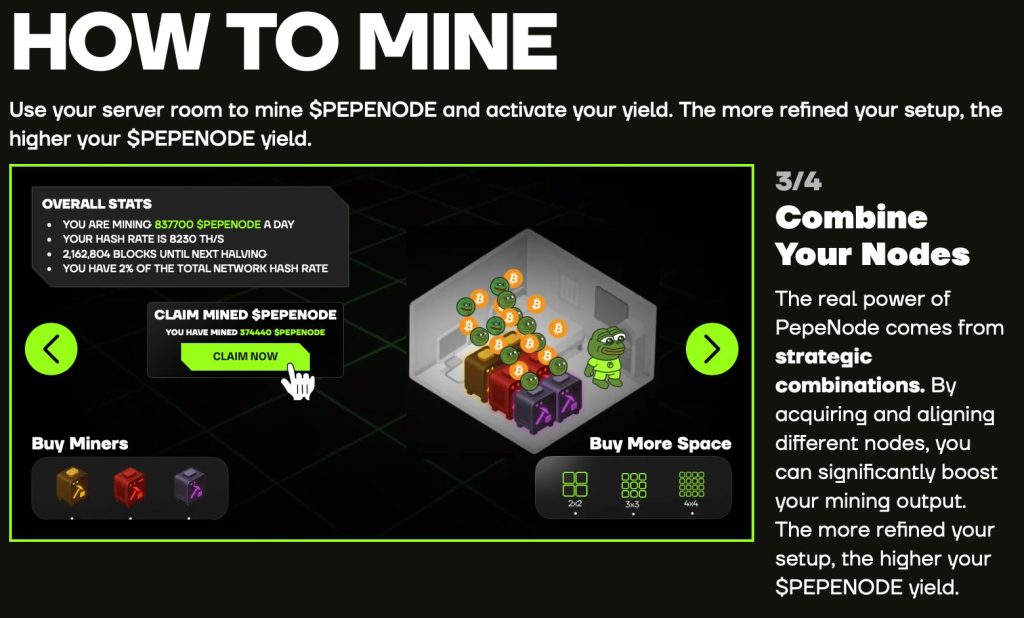 رسم توضيحي لكيفية التعدين باستخدام لعبة عملة بيبي نود (PepeNode)