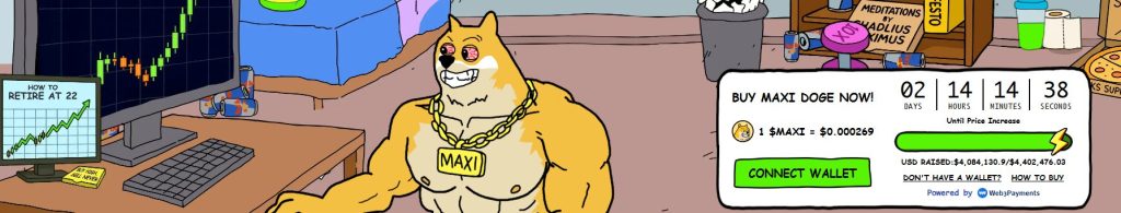 كلب ماكسي دوج يراقب مخططات تداول وبجانبه قسم اكتتاب عملة ماكسي دوج