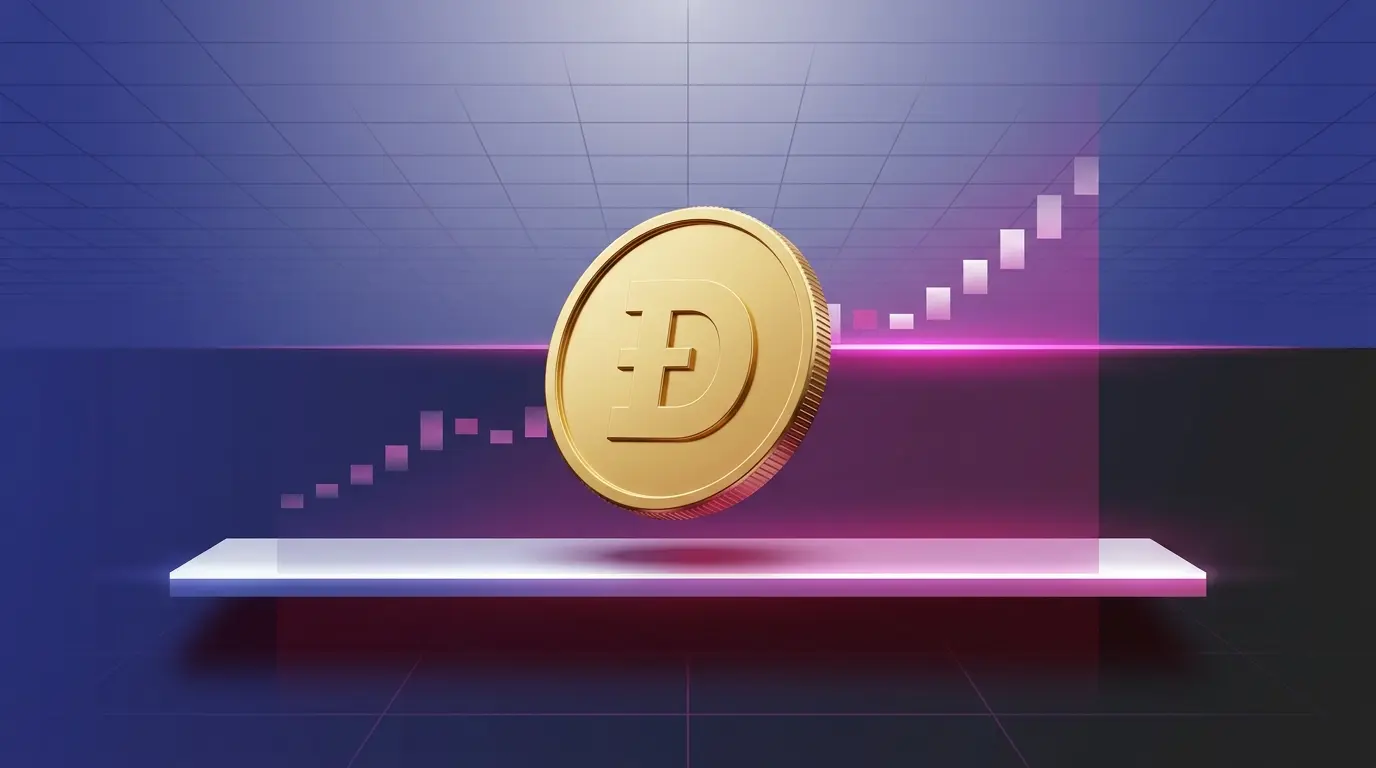 Dogecoin-inspired coin testing a magenta resistance level in a digital crypto market scene
